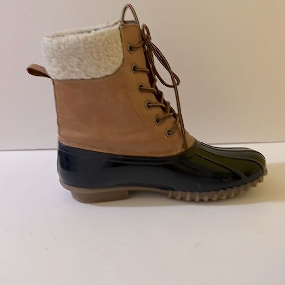 Tan and Navy Vegan Leather Duck Boots with Plaid Flannel Lining Size 8 - Picture 2 of 5